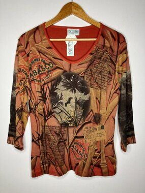 Cactus Bay Tabasco Women's Large Shirt Knit Top 3/4 Sleeve Rhinestone New